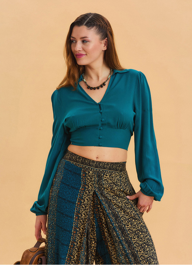 Shirt Collar Button Detailed Petrol Crop Blouse 4432